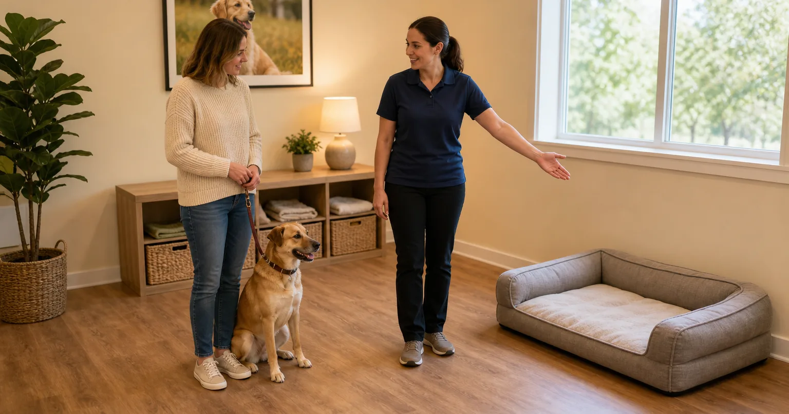 Staff member showing a dog owner a boarding room