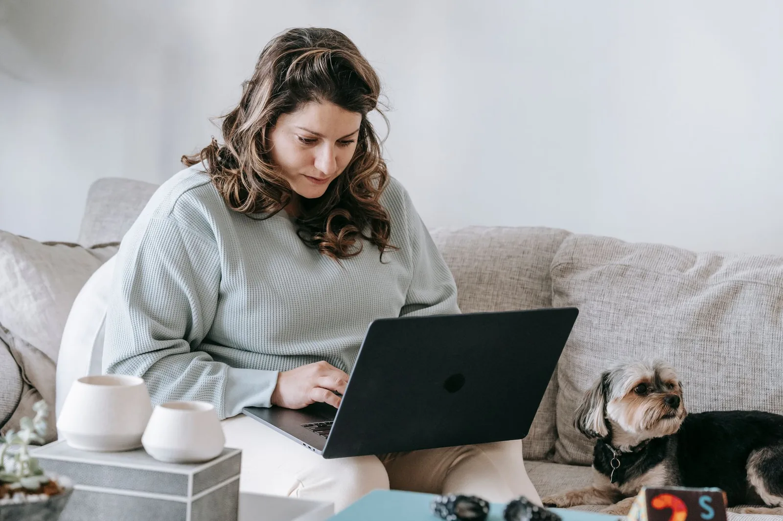 Woman on a laptop beside a Yorkshire Terrier