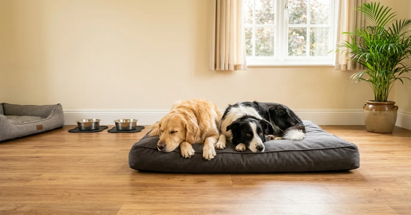 Two dogs sharing one bed in a boarding suite
