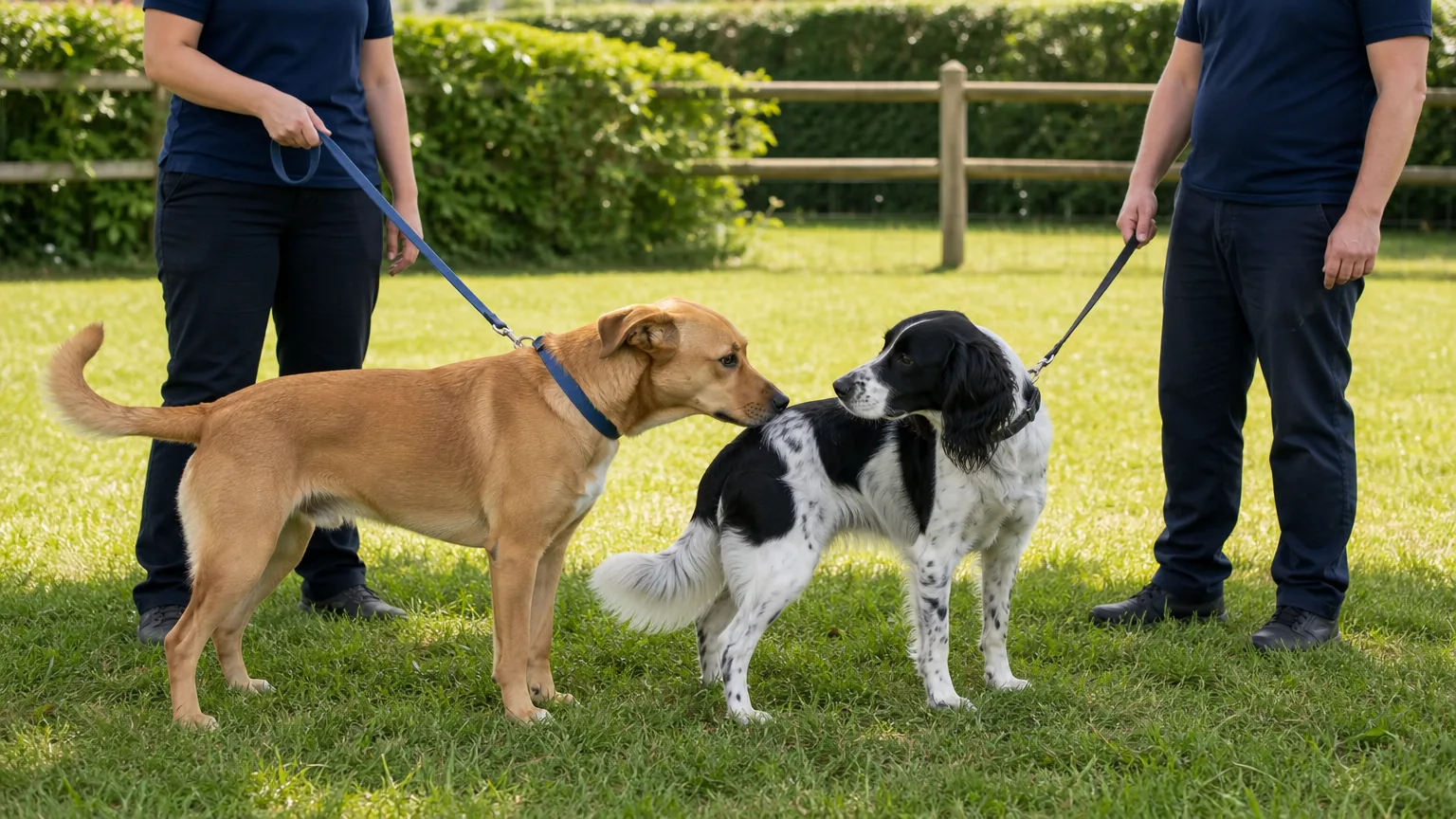 Two leashed dogs meeting on a lawn with handlers