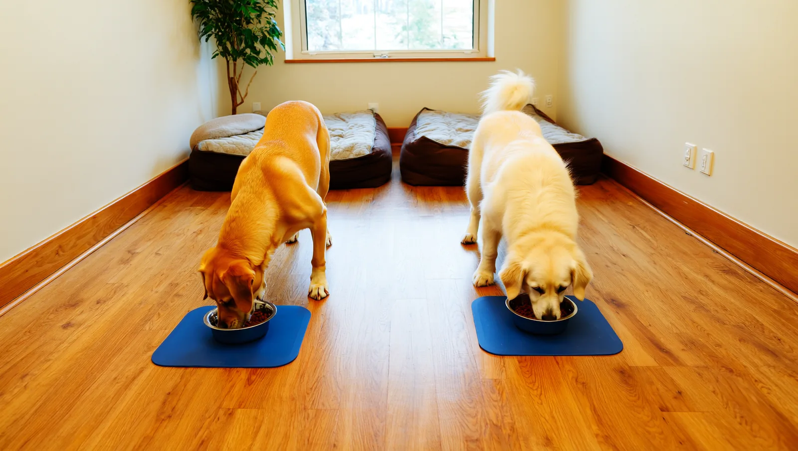 Two dogs eating from separate bowls on mats