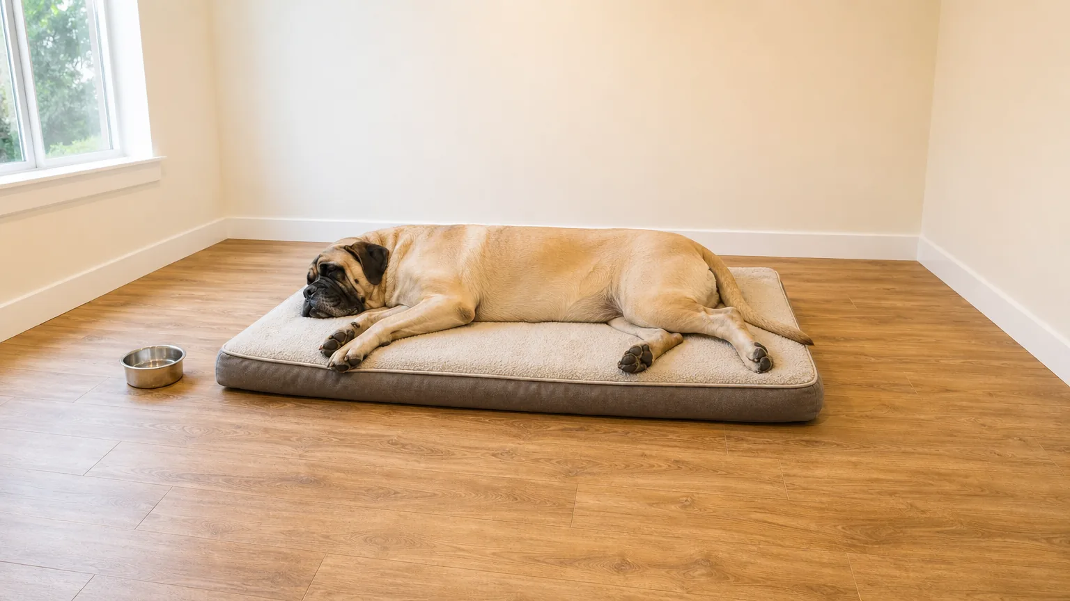 Mastiff lying on its side on a padded floor bed