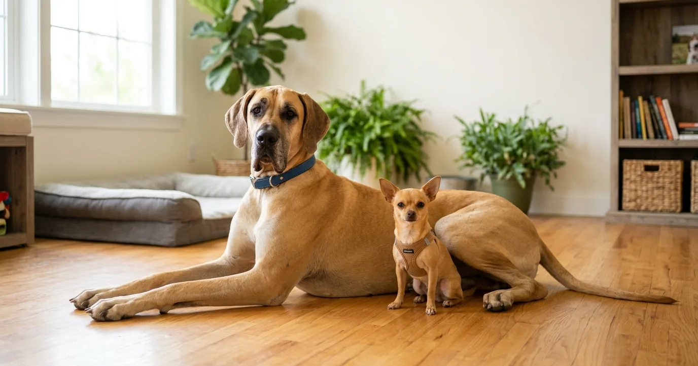 Great Dane and a Chihuahua on a wood floor