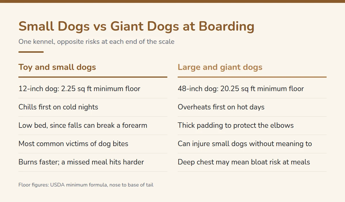 Summary card: Small Dogs vs Giant Dogs at Boarding