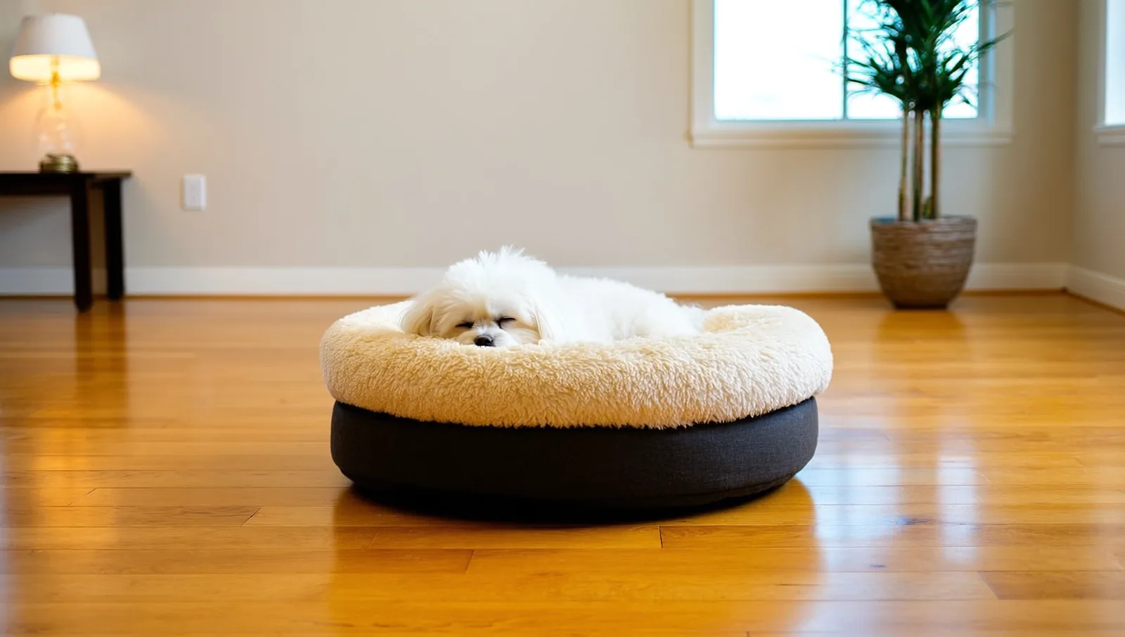 Maltese asleep in a round bolstered dog bed