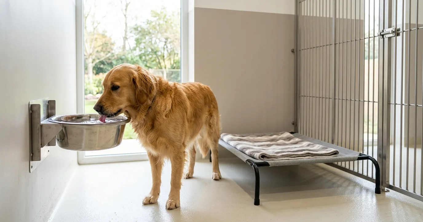 Golden retriever drinking from a steel bowl in a kennel run