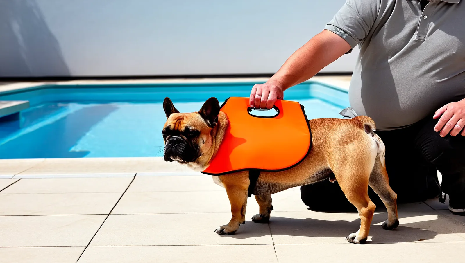 A handler lifting a french bulldog by its life vest handle