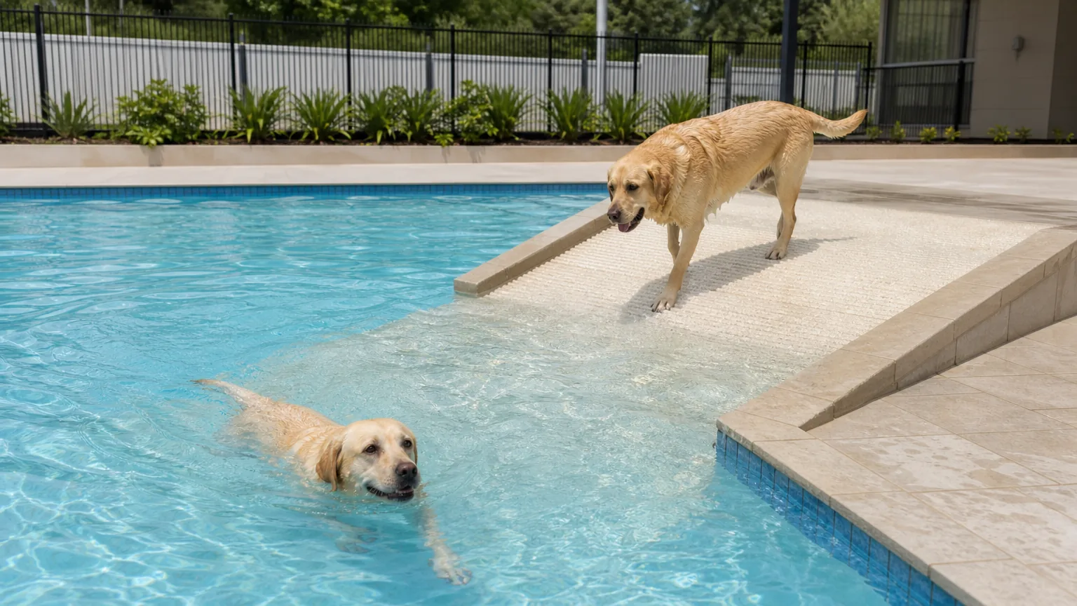 Two labradors in a pool beside a wide beach-entry ramp