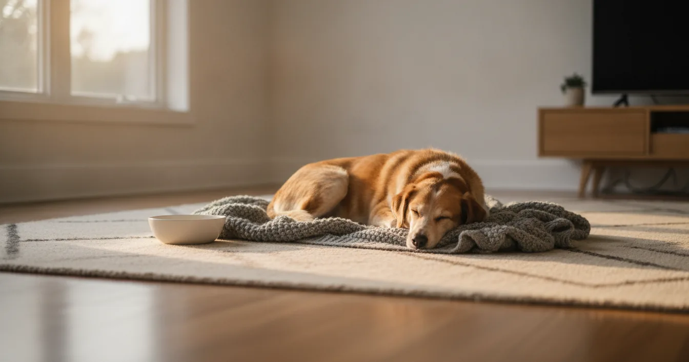 A tan and white dog asleep on a knitted blanket on a living room rug beside a water bowl in morning light.
