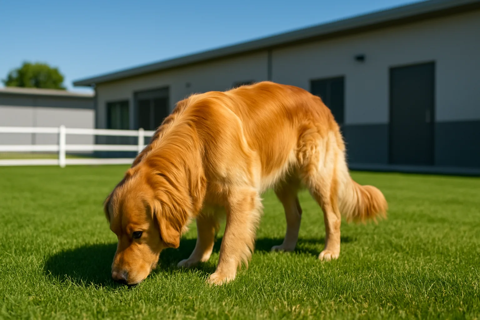 A golden retriever sniffing the grass in a sunny outdoor exercise yard at a boarding facility.