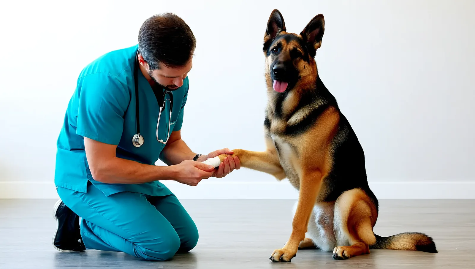 A veterinarian in blue scrubs kneeling on a clinic floor to examine a German shepherd's front paw.