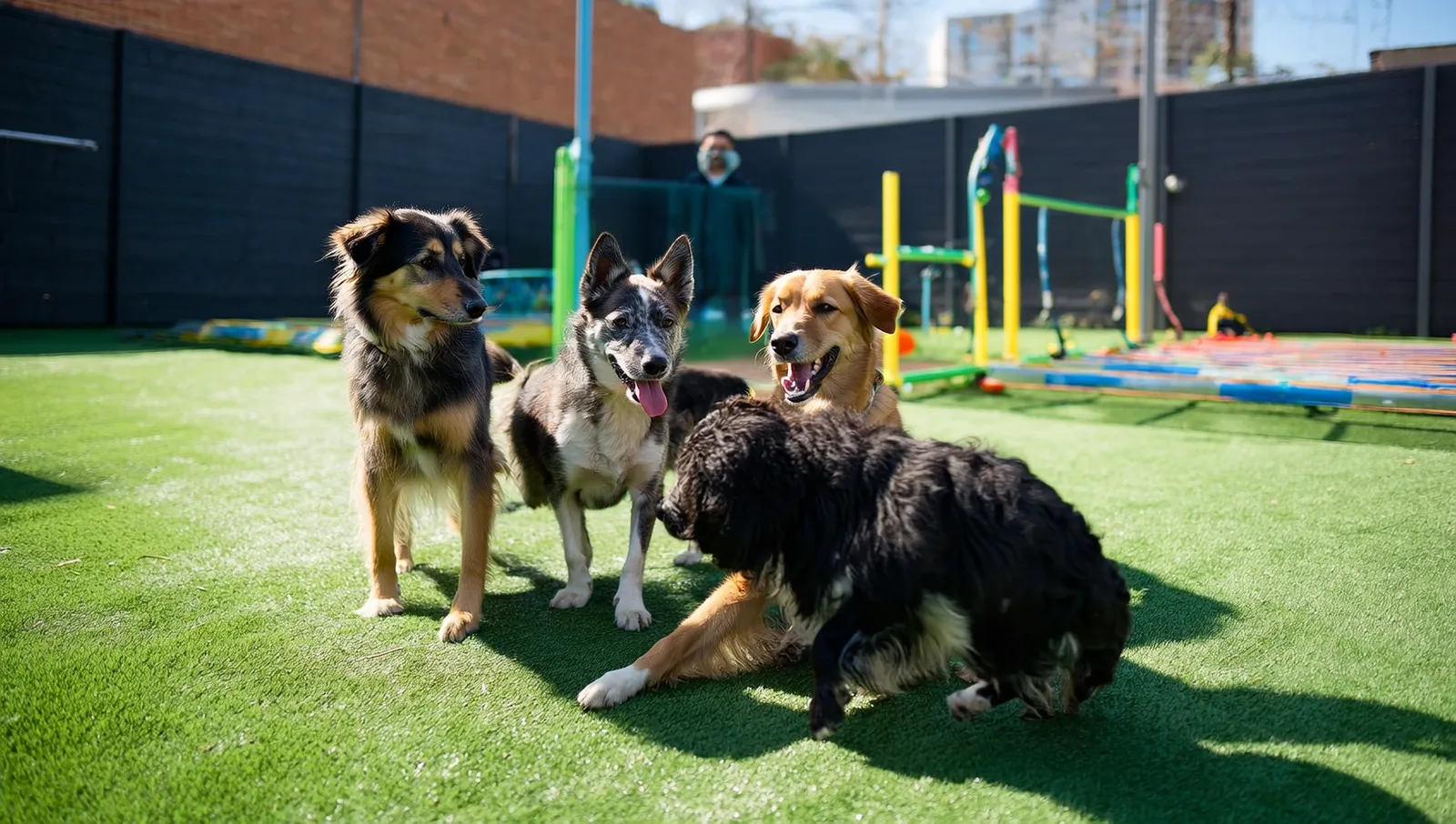 A group of dogs of different breeds playing together on turf in a sunny enclosed daycare yard while a caretaker watches.