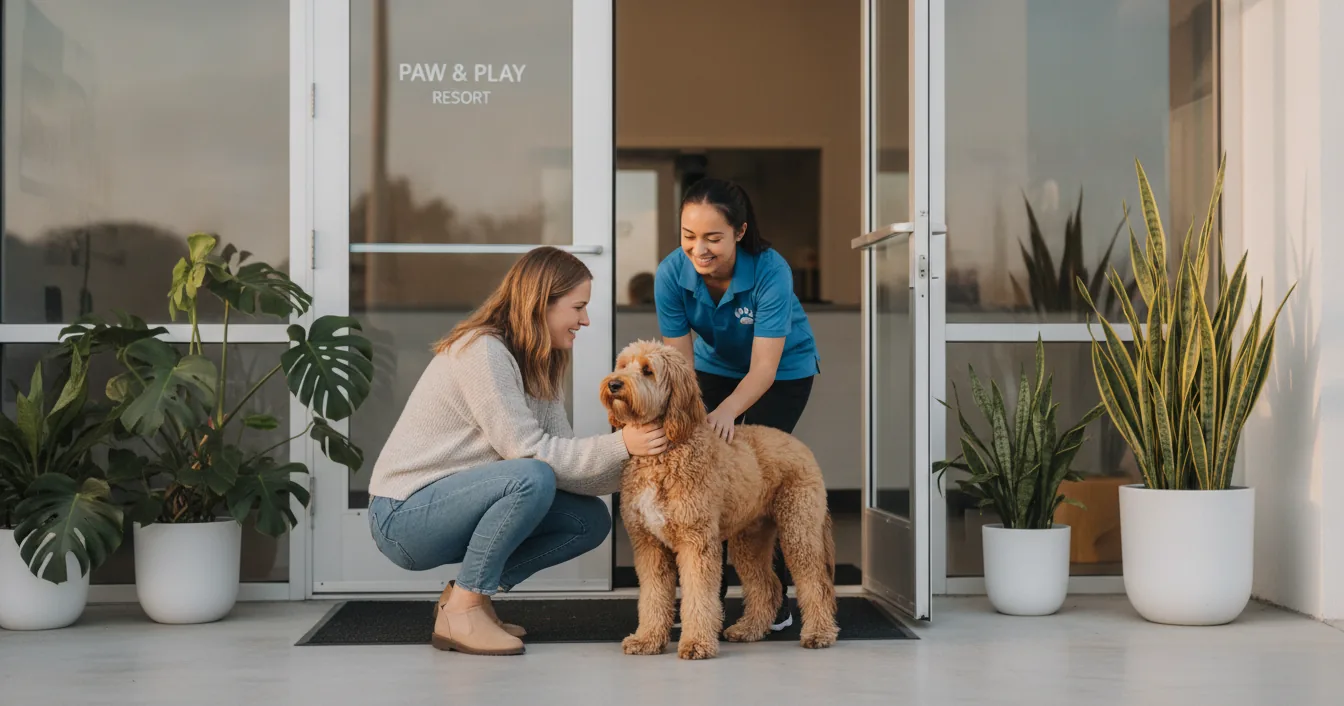 A pet parent crouching beside a leashed dog at the bright entrance of a clean boarding facility while a staff member greets them.