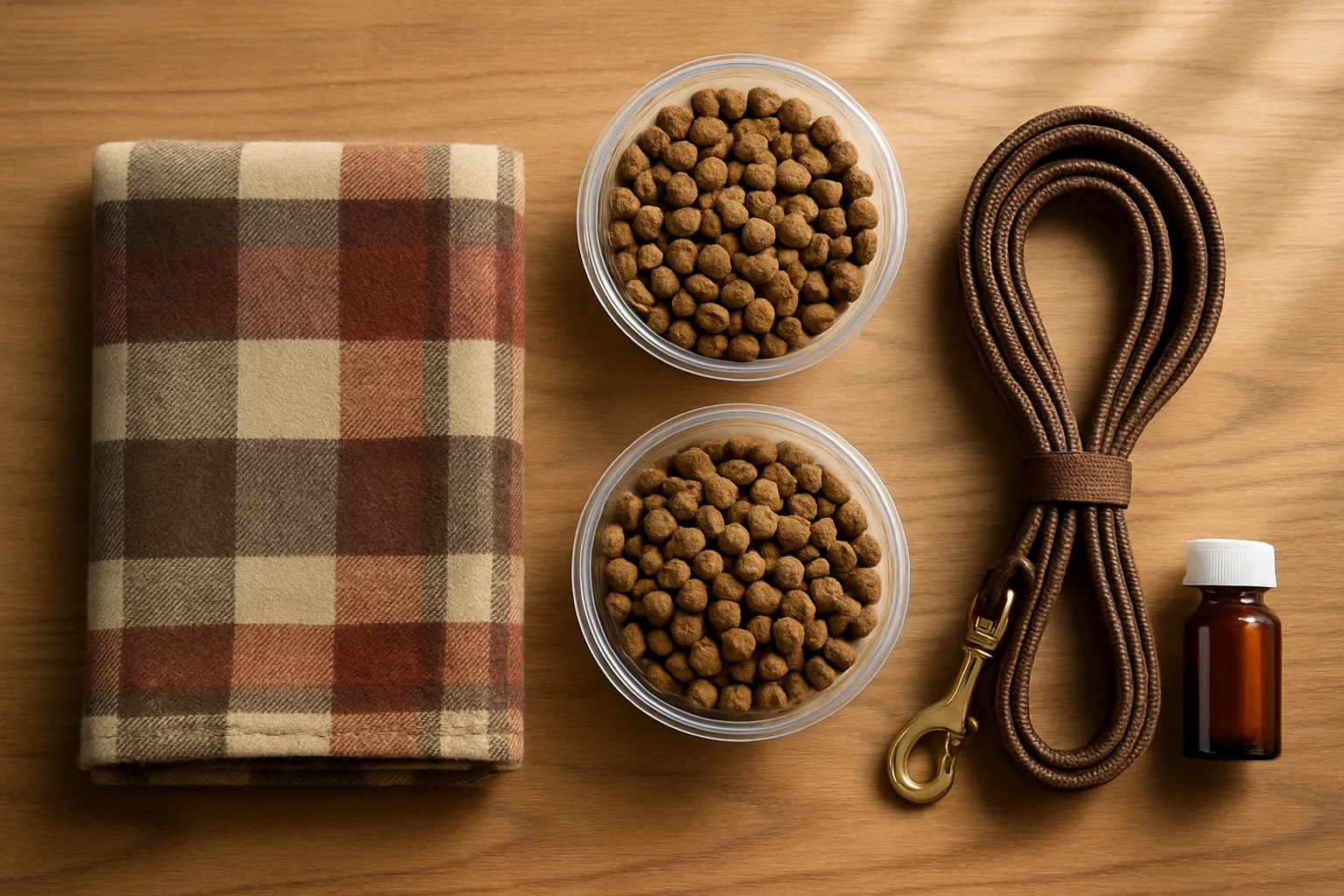 Portioned dog food in clear containers, a folded blanket, a coiled leash, and a small medicine bottle laid out on a wooden table.