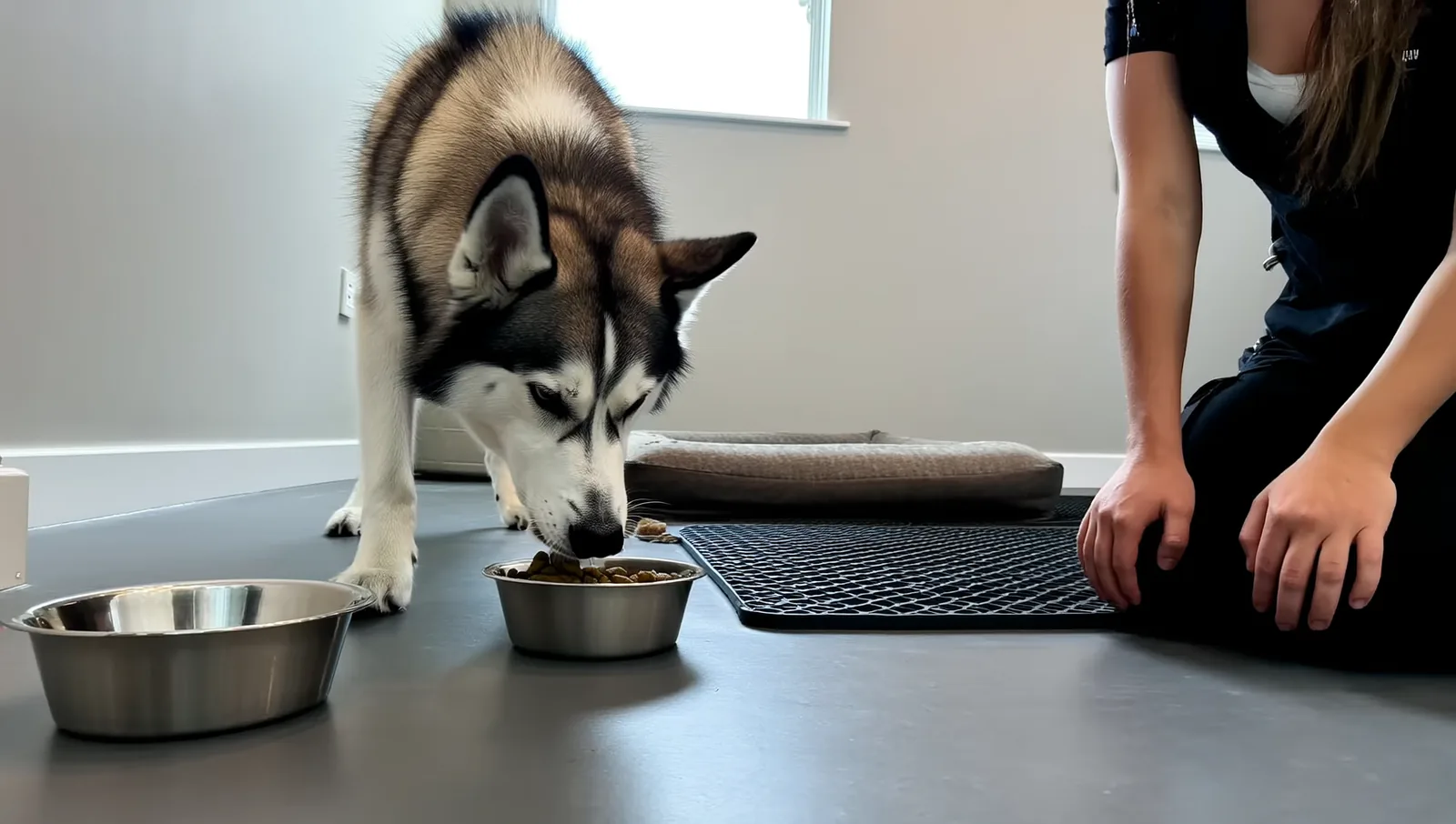 A husky eating from a stainless steel bowl resting on the floor of a bright boarding suite while an attendant kneels beside it.