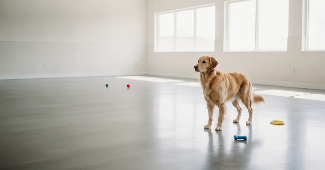 A golden retriever standing alert in a bright, spacious indoor dog play area with tall daylit windows and toys on the floor.