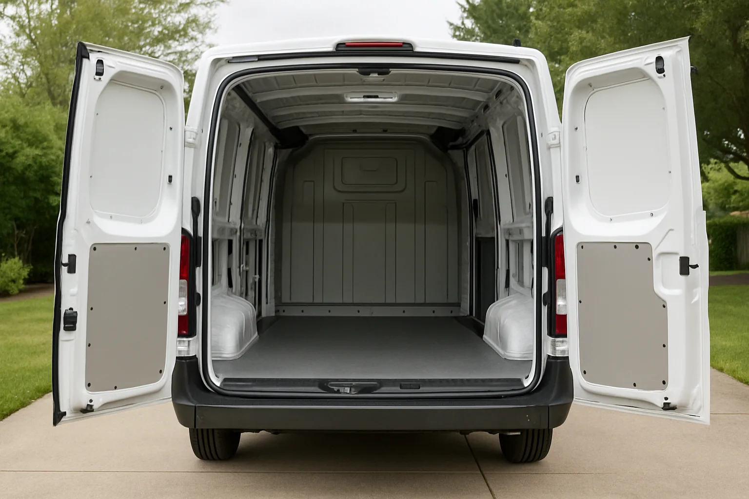 The open rear doors of a plain white cargo van showing a bare, unventilated cargo compartment.
