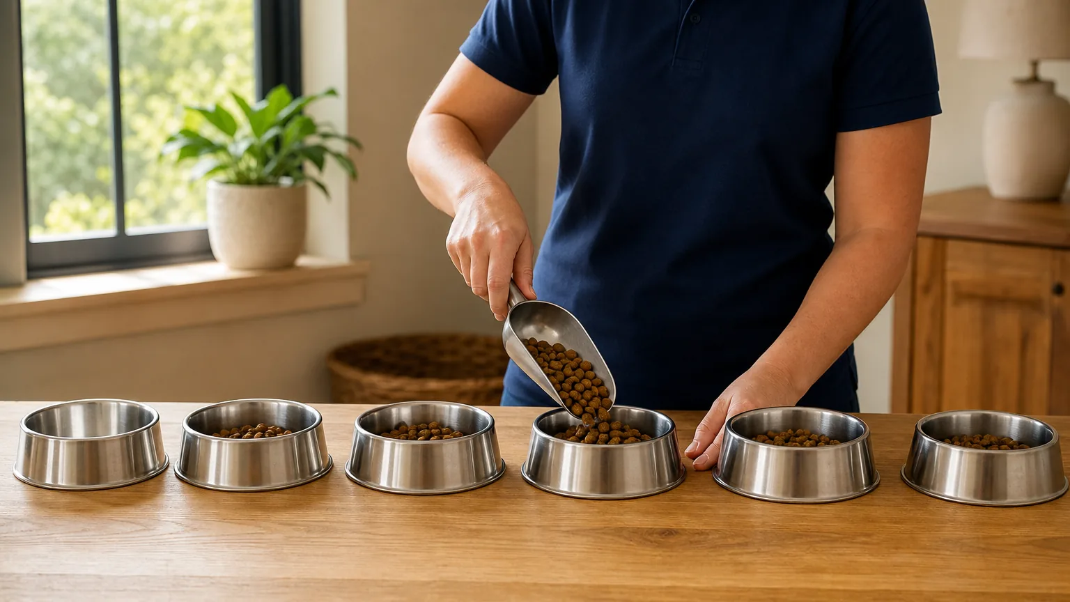 Staff member scooping kibble into steel dog bowls