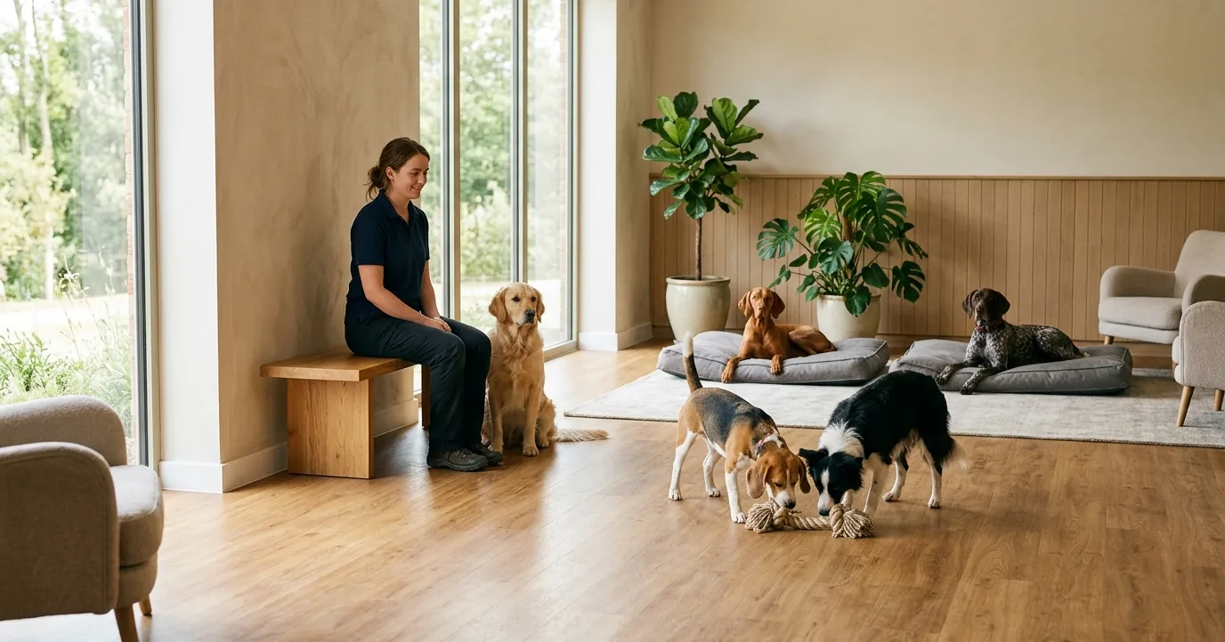 Handler on a bench watching five dogs indoors