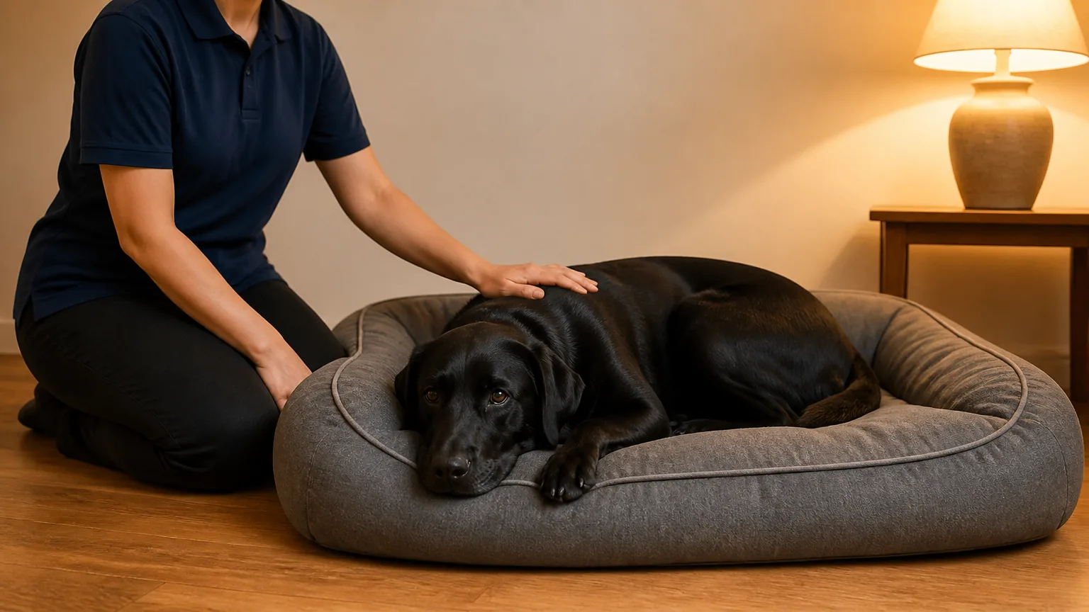 Staff member petting a black labrador on its bed