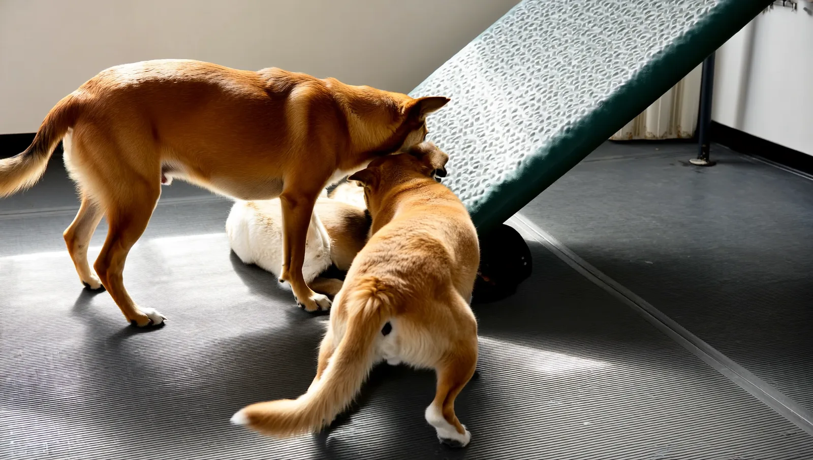 A small group of healthy dogs playing together in a clean, sunlit indoor daycare area.