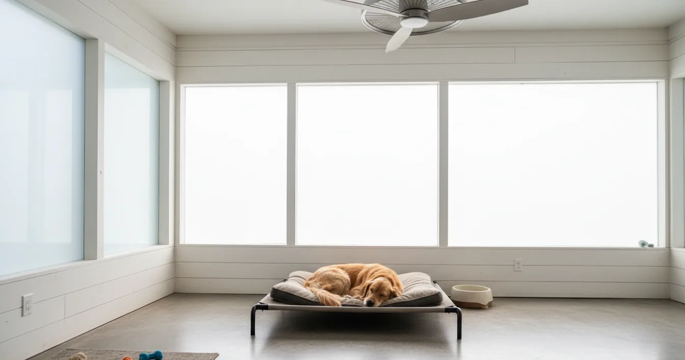 A calm dog resting in a clean, brightly lit boarding kennel run.