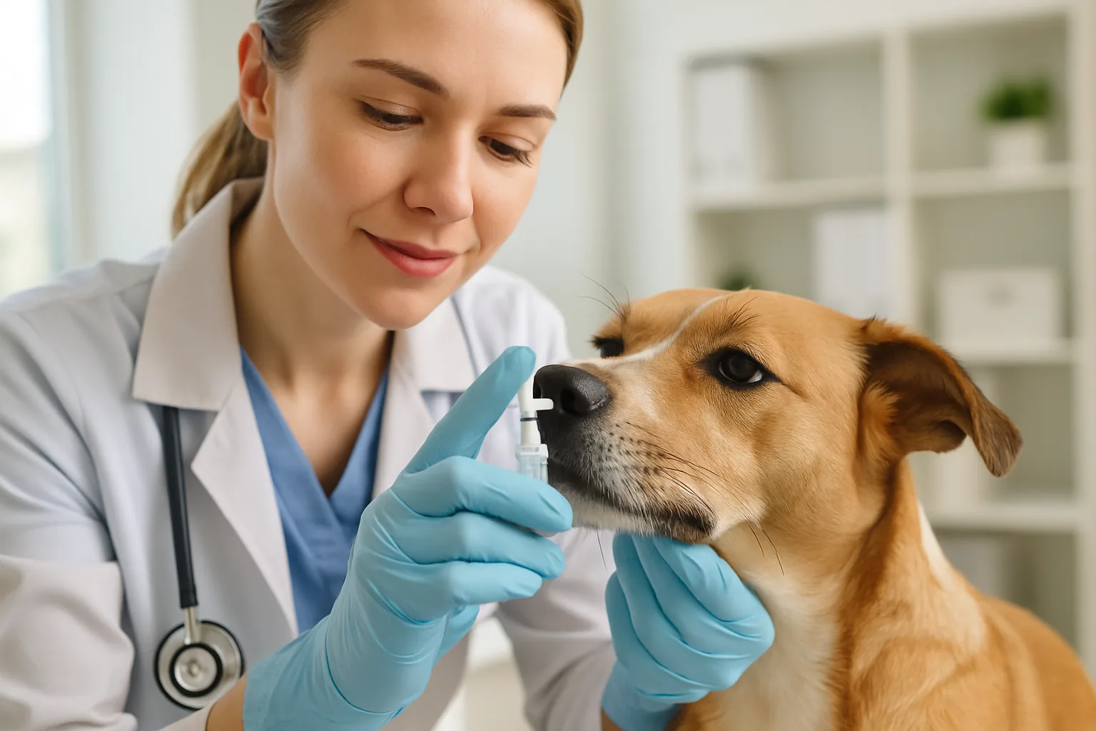 A veterinarian administering an intranasal kennel cough vaccine into a calm dog's nostril.