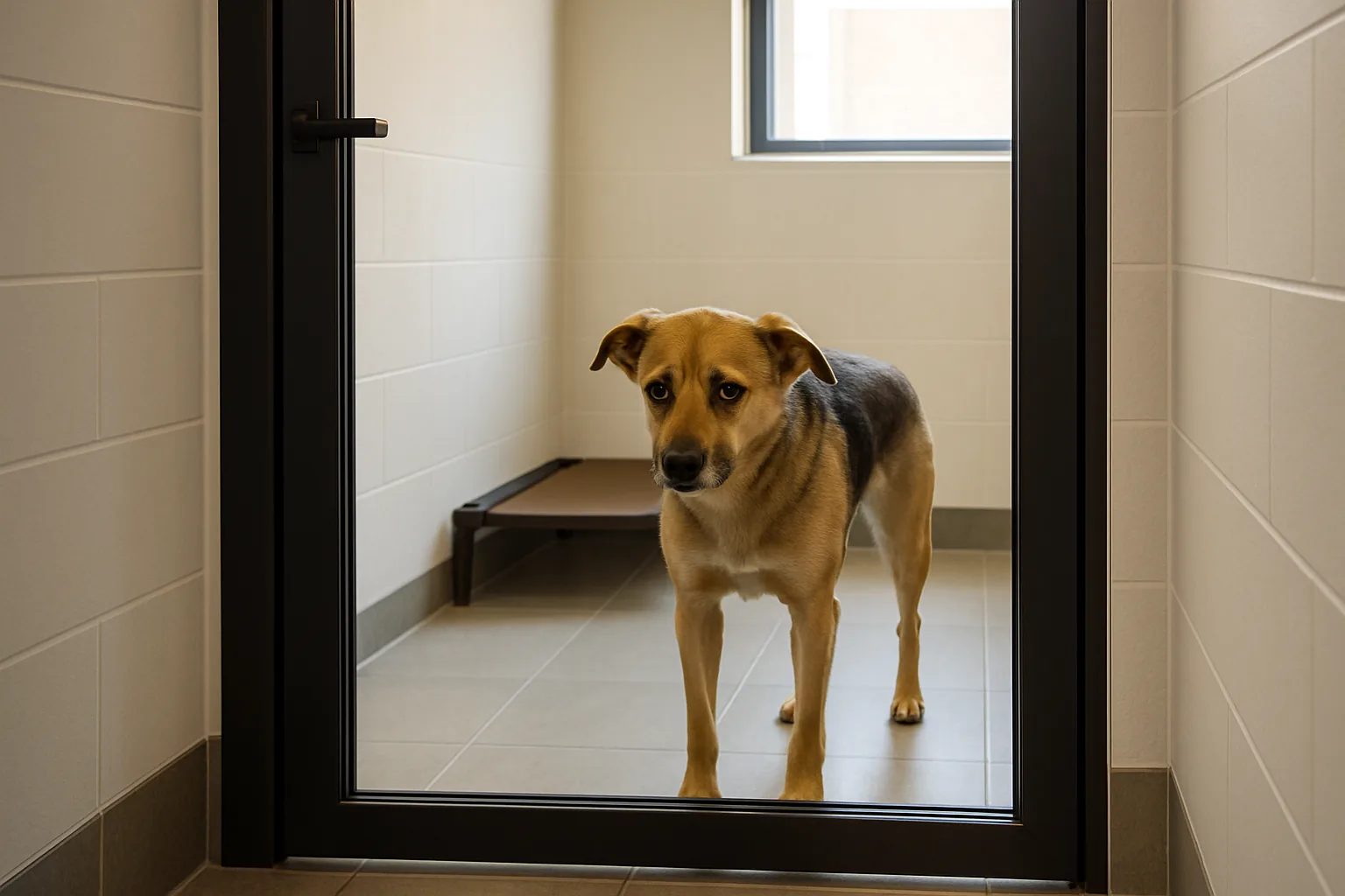 An anxious dog with ears back standing behind the closed glass door of a bright, modern boarding suite, watching the hallway.