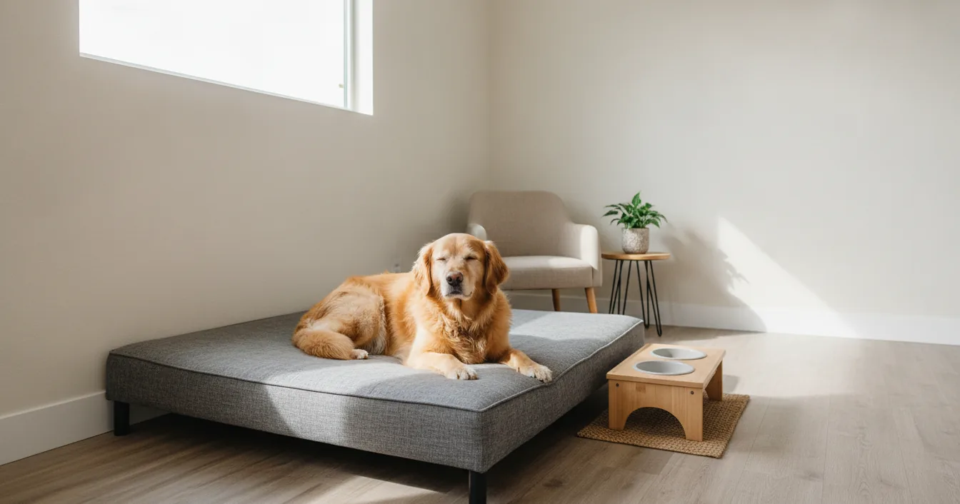 A relaxed golden retriever resting on a raised orthopedic bed in a calm, sunlit private boarding suite.