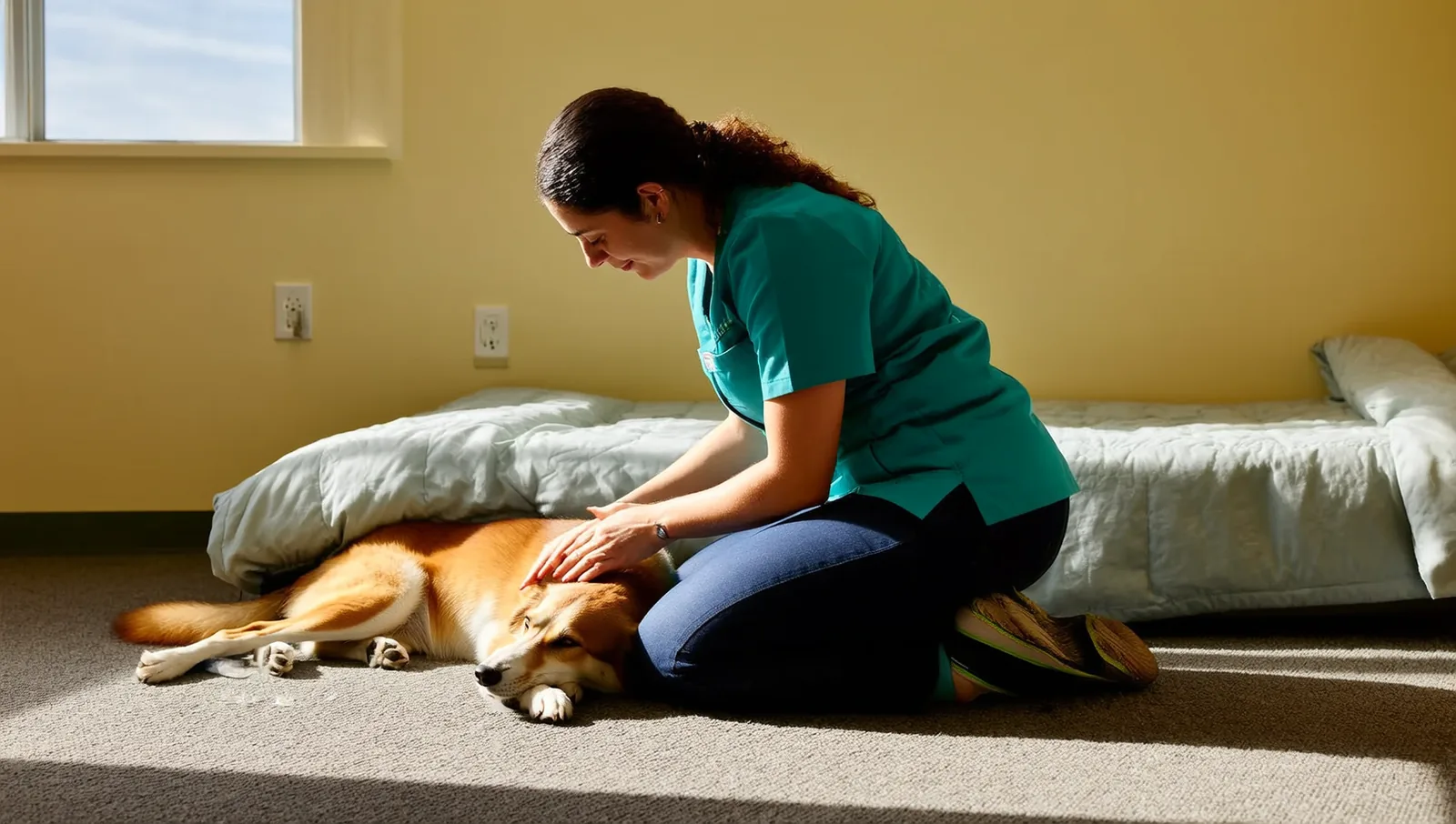 A kennel caregiver kneeling to gently pet a calm, relaxed dog during a quiet one-on-one session.