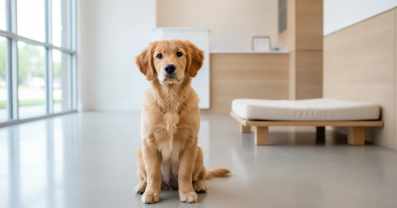 A young golden retriever puppy sitting on the floor of a bright, modern pet resort lobby.