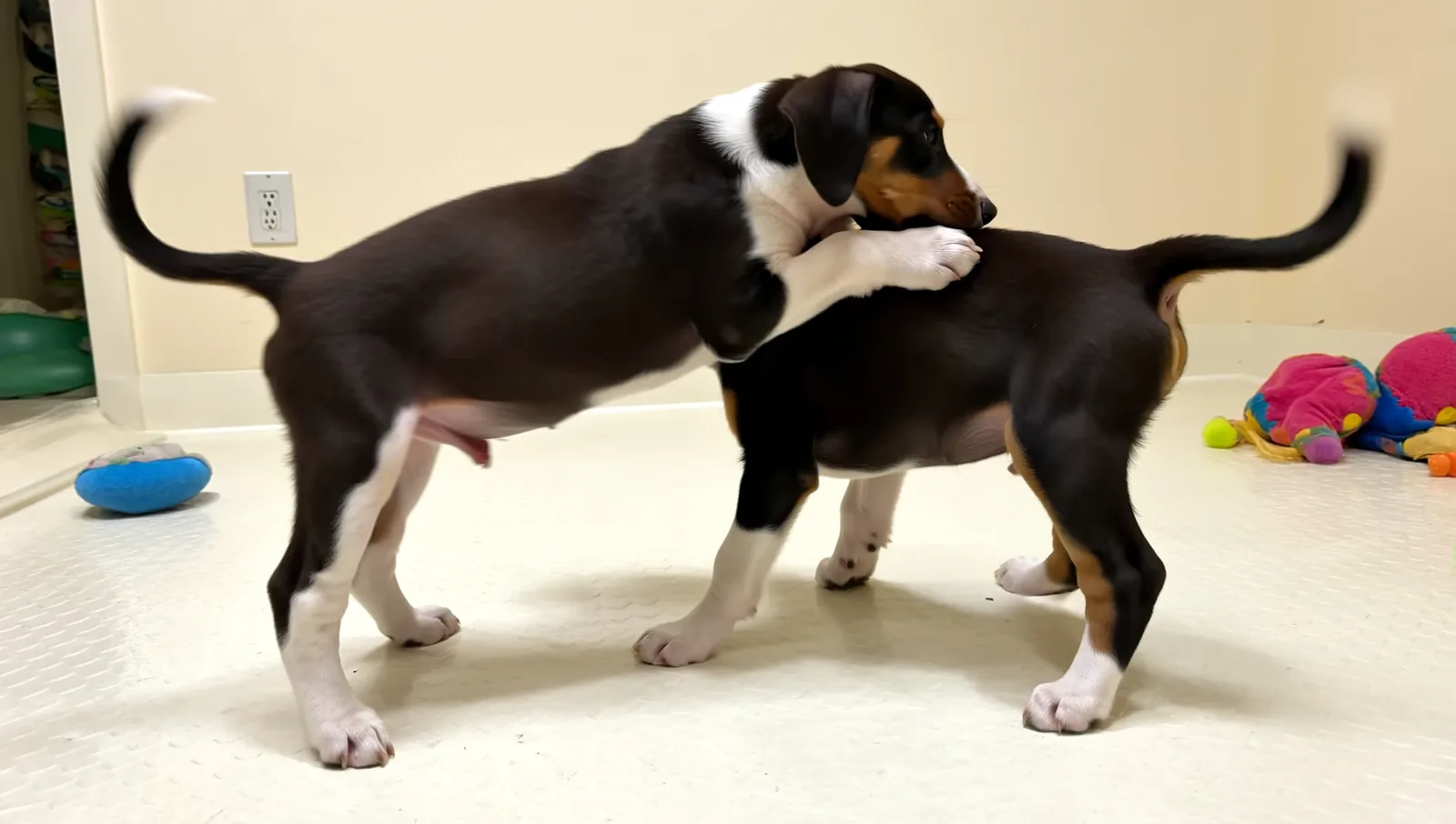 Two young puppies of similar size play-wrestling together on the floor of a bright daycare playroom.