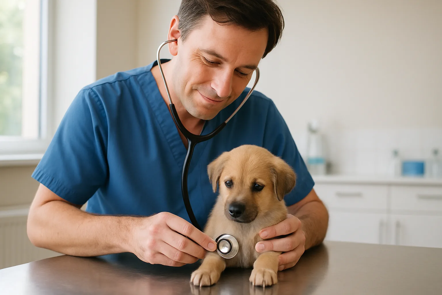 A veterinarian in blue scrubs listening to a small puppy's chest with a stethoscope on an examination table.