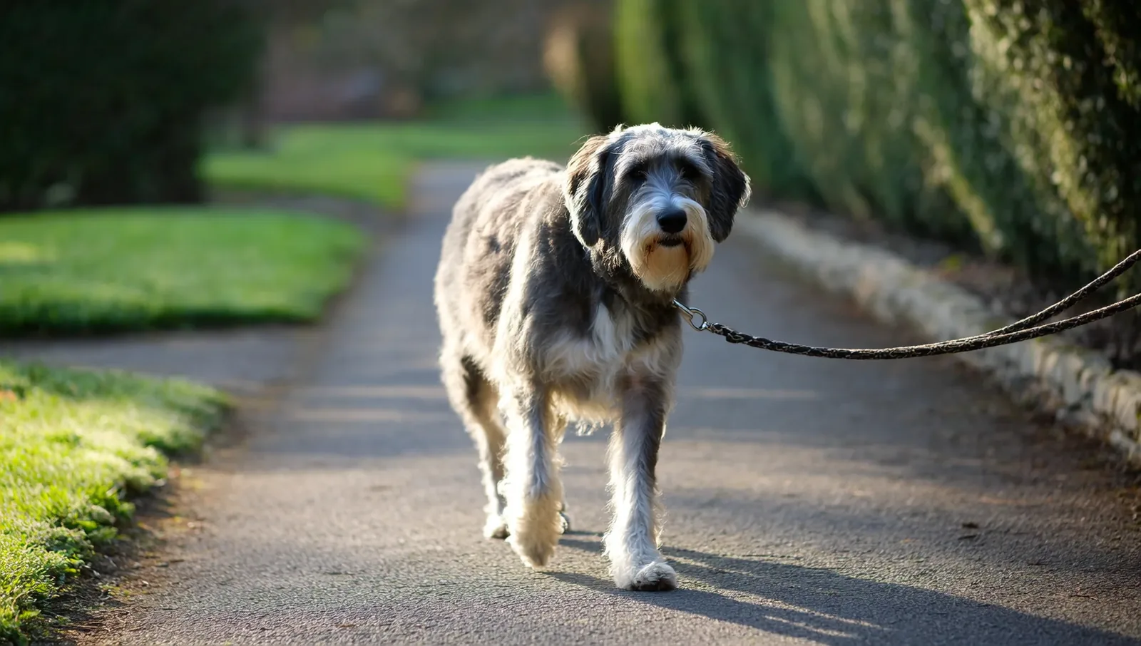 An older grey-muzzled dog on a slow, relaxed leashed walk along a shaded path.