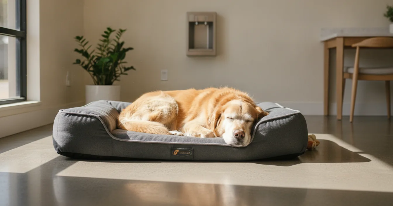A grey-muzzled senior dog resting on a thick orthopedic bed in a calm, sunlit room.