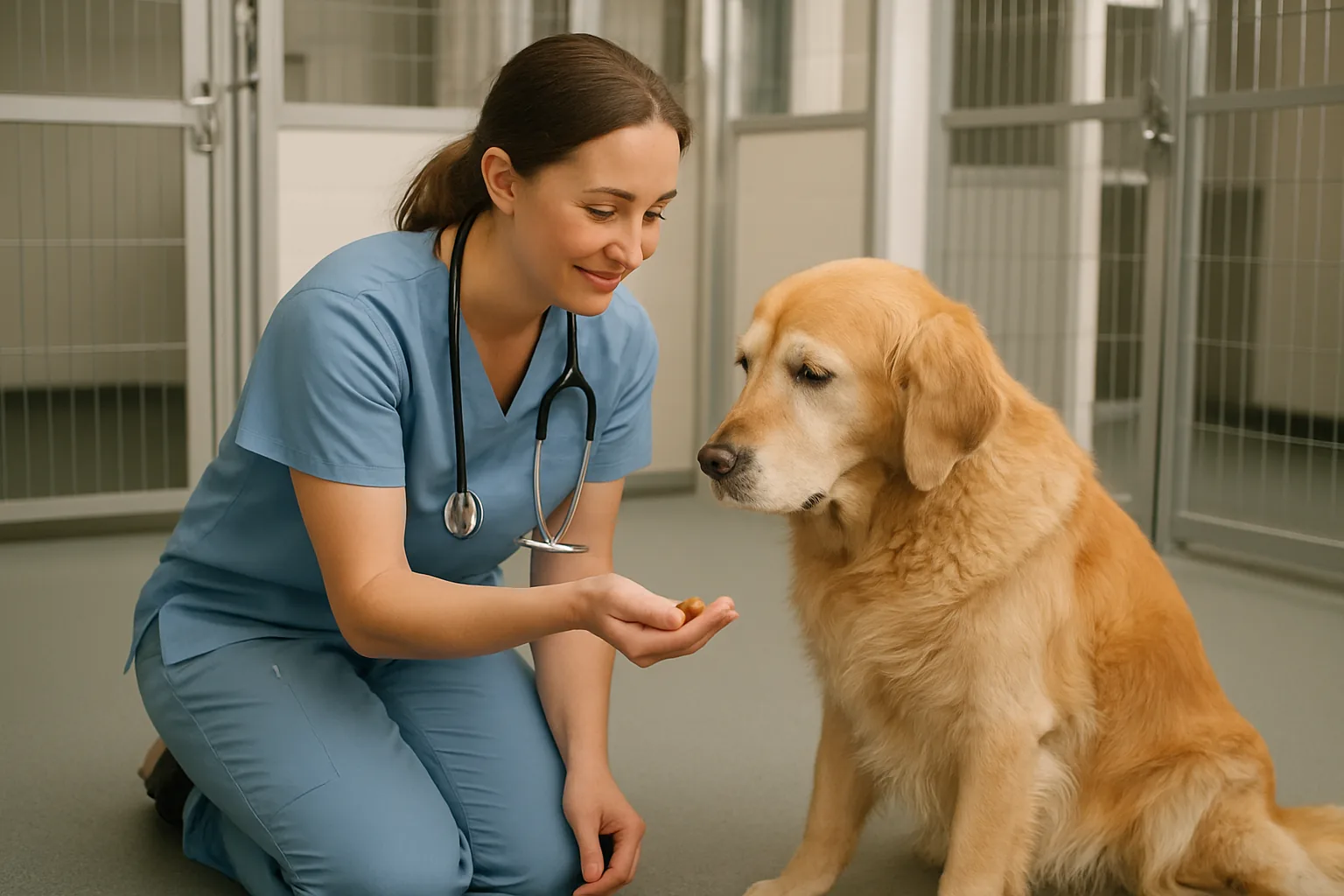A caregiver gently giving an older dog its medication tucked inside a treat.