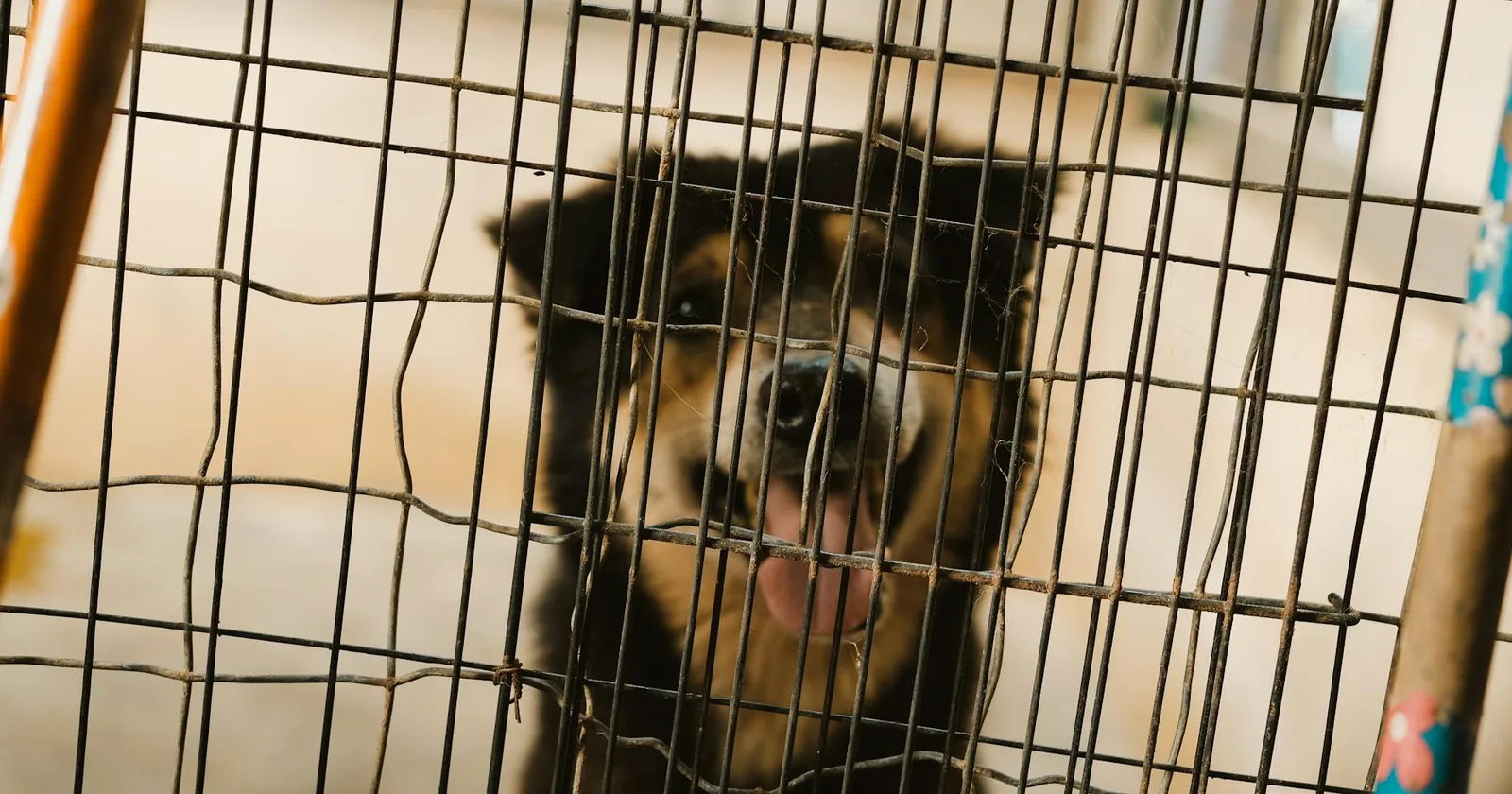 A dog looking out through the wire of a kennel gate.