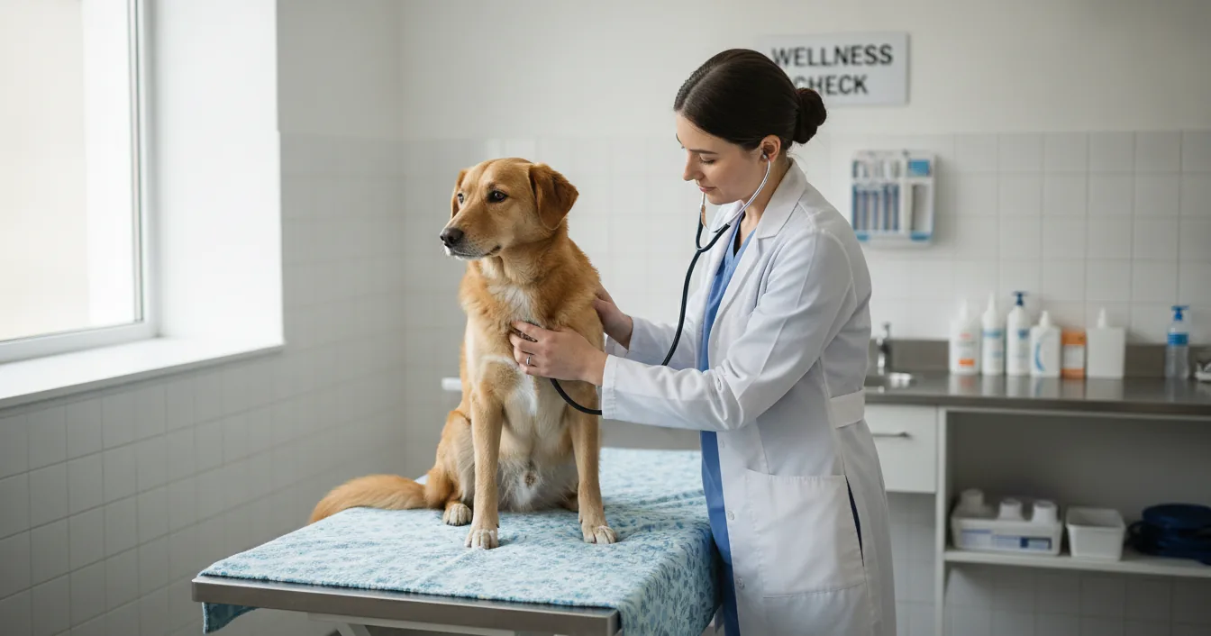 A veterinarian listening to a calm dog's chest with a stethoscope in a bright exam room.