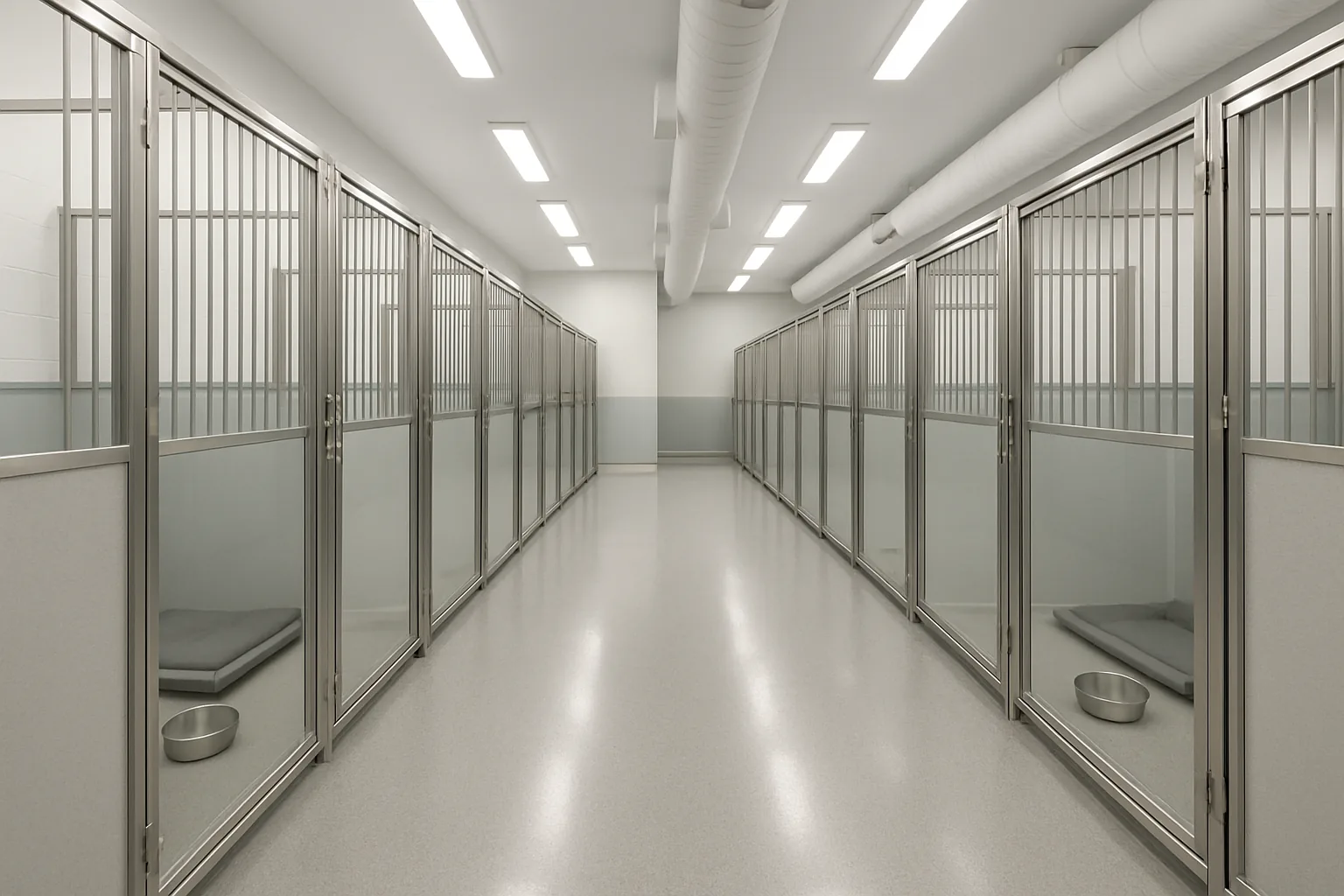 A clean, modern boarding kennel interior with spacious individual suites, sealed floors, and bright lighting.