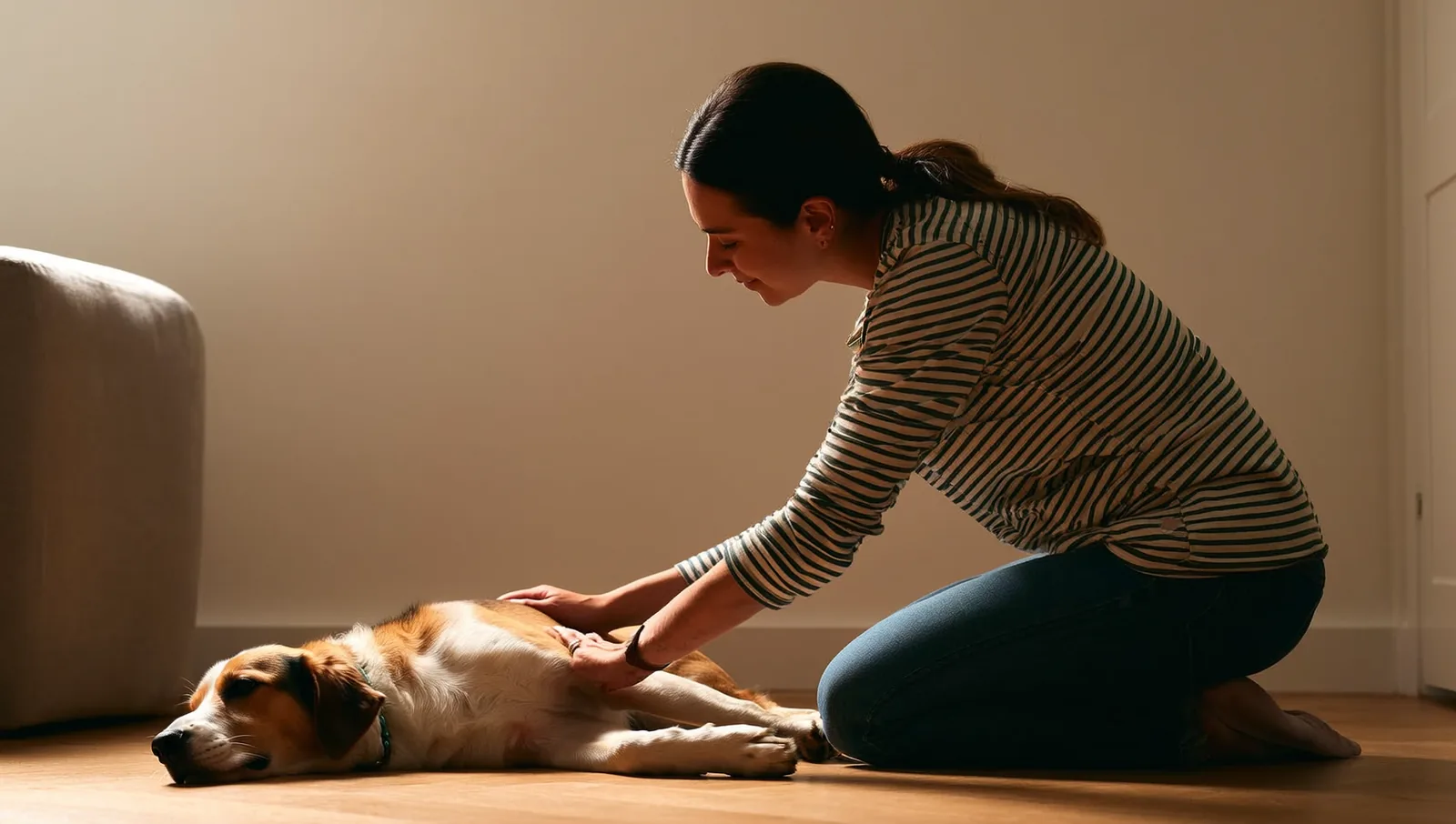 A dog owner kneeling beside their resting dog at home, resting a hand on its side to check its breathing.
