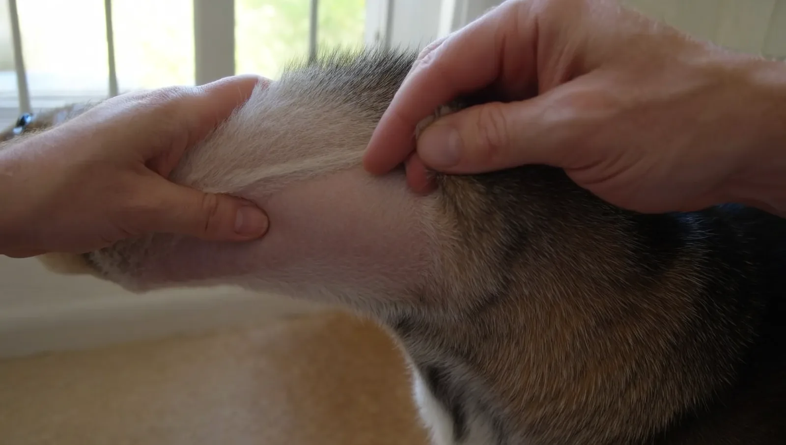 Two hands parting a dog's thick neck fur to inspect the skin for ticks.
