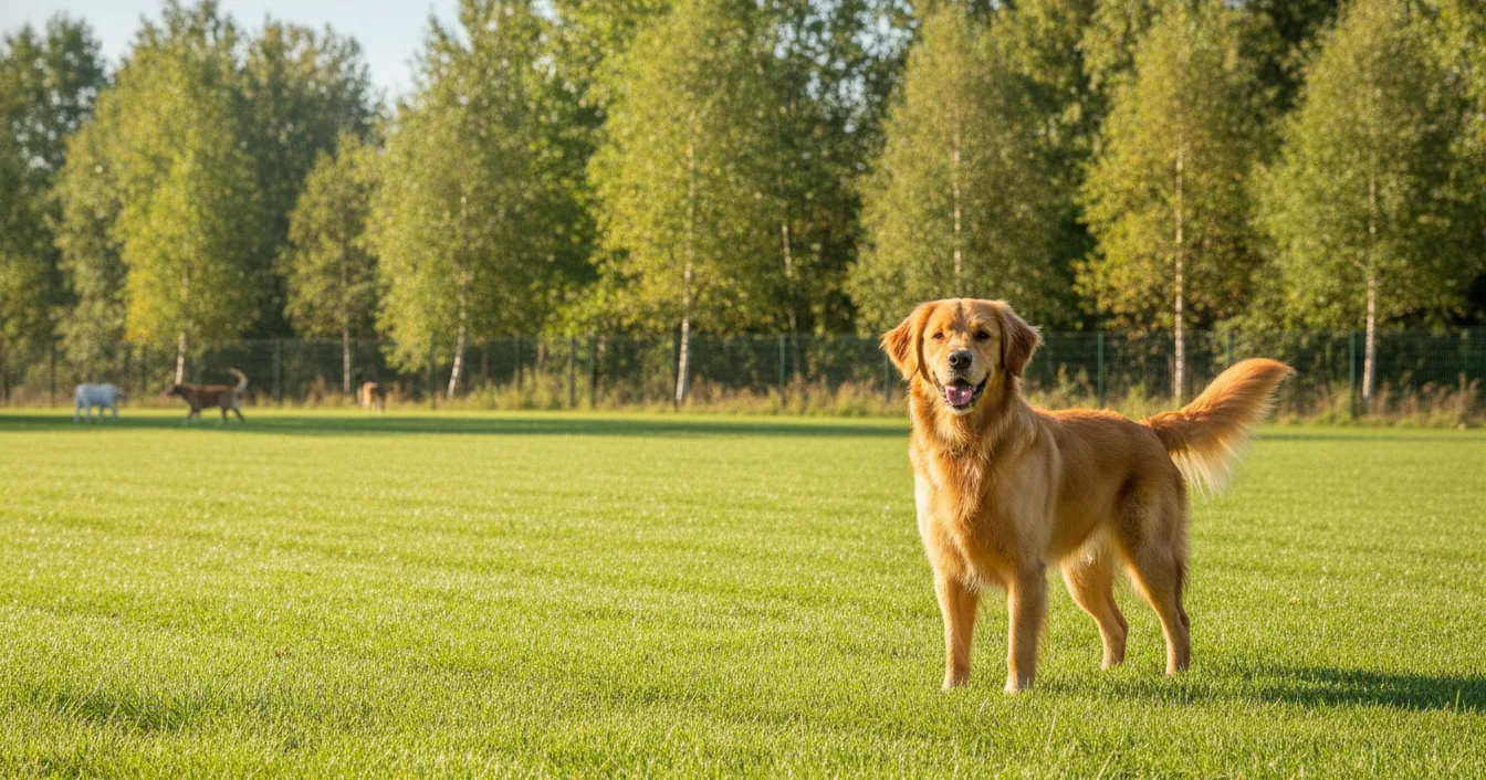 A dog standing in a sunlit, neatly mowed boarding facility play yard near a tree line.