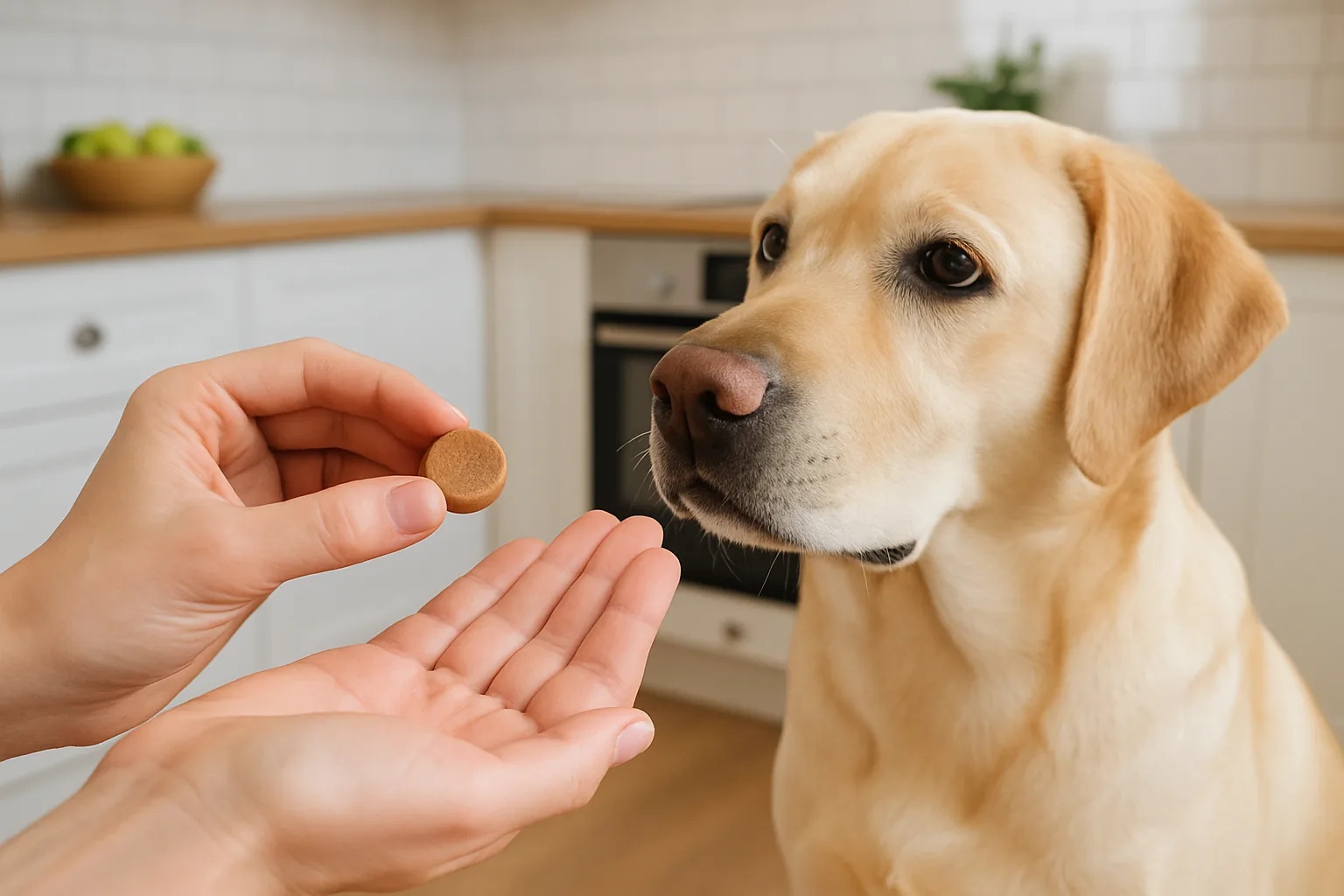 A person offering a chewable tick and flea preventive to an attentive dog in a kitchen.