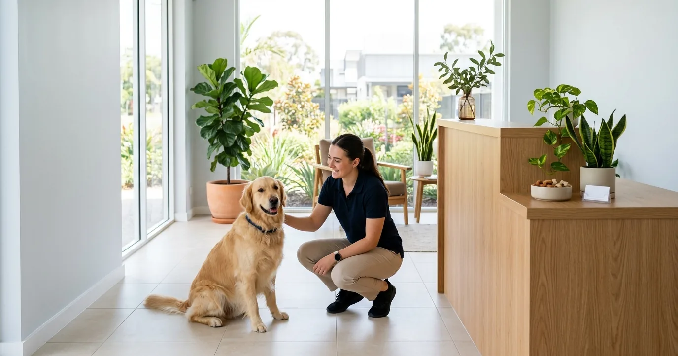 Staff member greeting a golden retriever at a reception desk