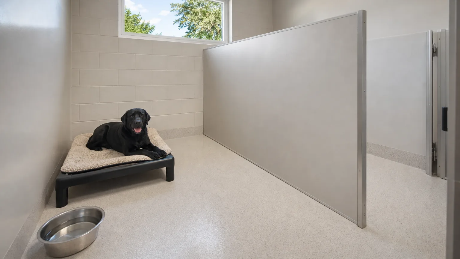 Black labrador resting on a raised bed in a kennel run